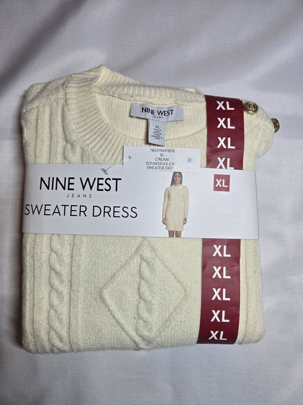 Nine West Cream Cable-Knit Sweater Dress